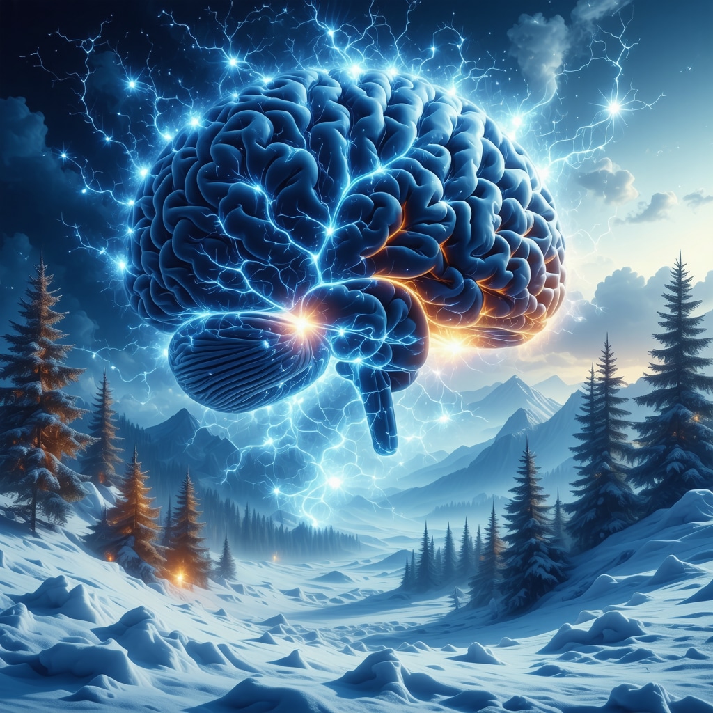 Artistic image showing a snowy landscape blending into neural brain pathways representing winter dream symbolism in neuropsychology