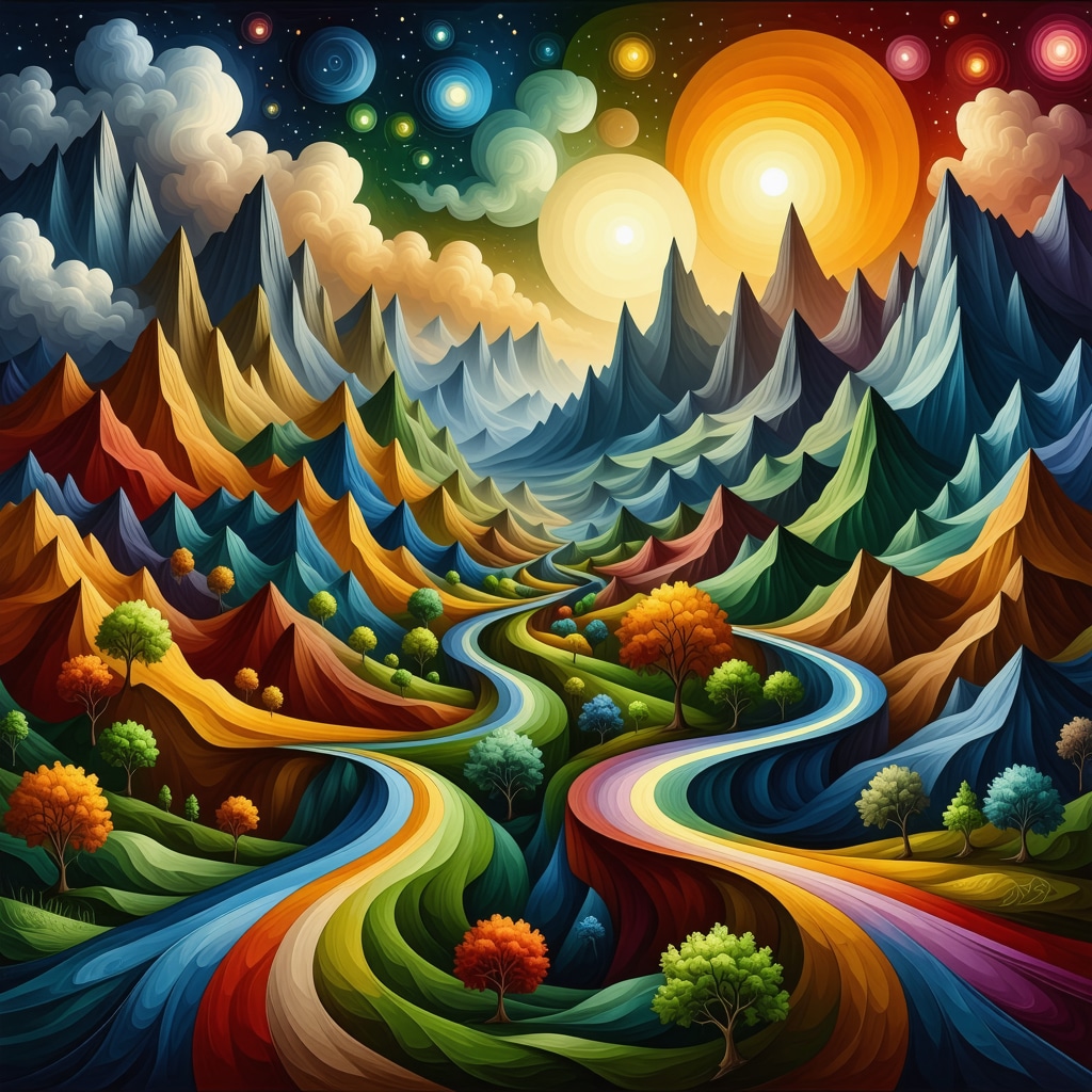 Artistic depiction of symbolic travel elements in a dreamscape representing subconscious journey and transformation