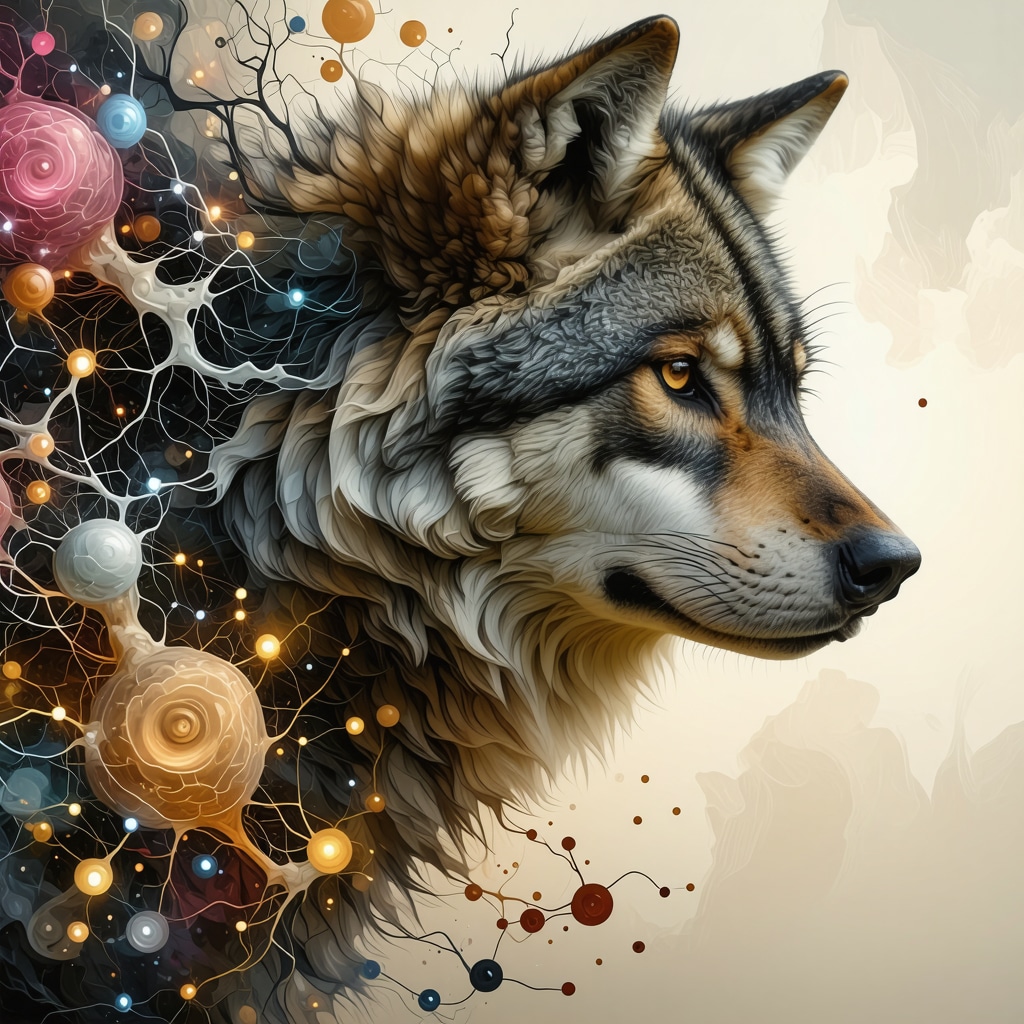 Artistic image showing a wolf symbol intertwined with neural networks representing psychological and neurobiological aspects of dreaming