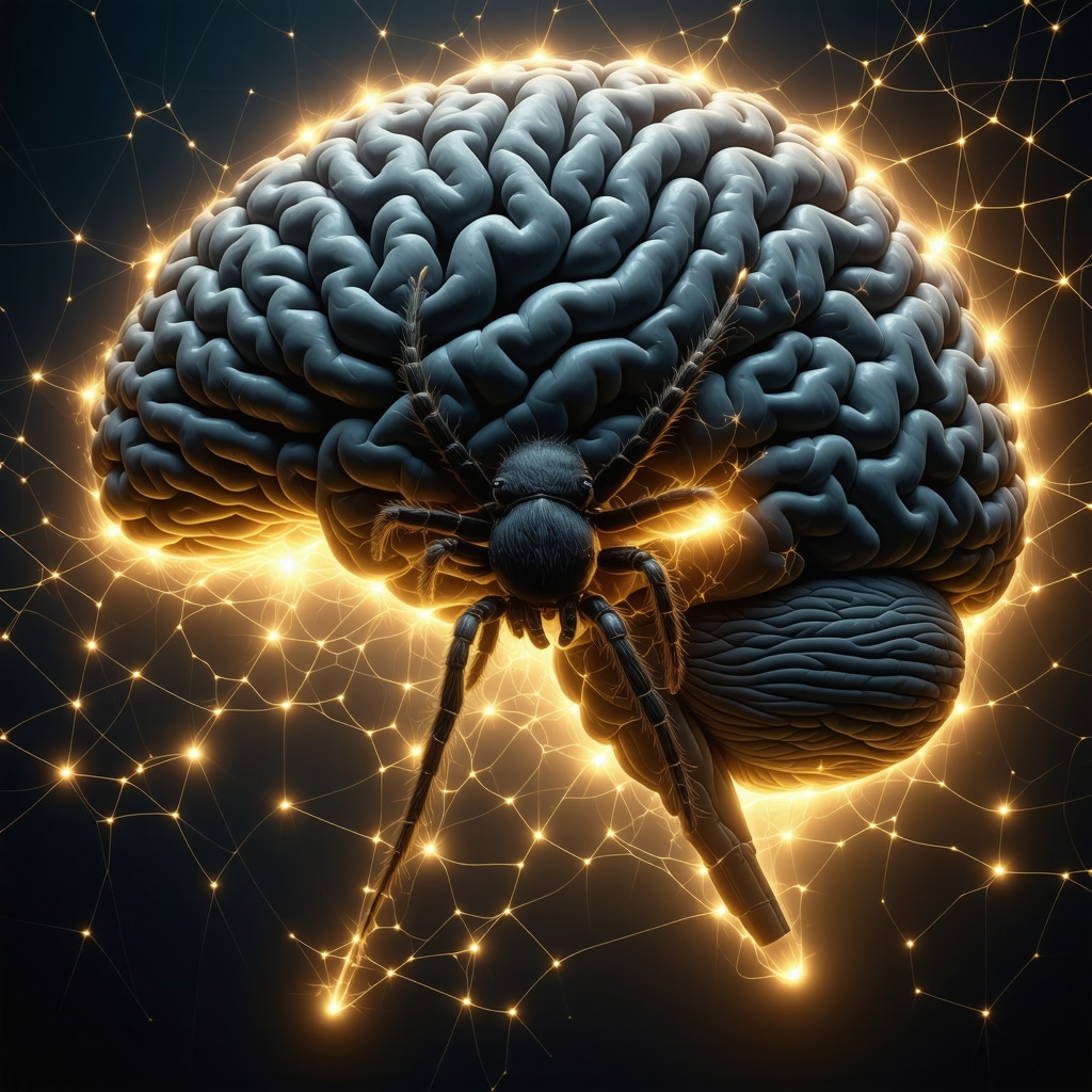 Illustration showing a spider weaving a web inside a human brain representing neuropsychological aspects of dream symbol processing