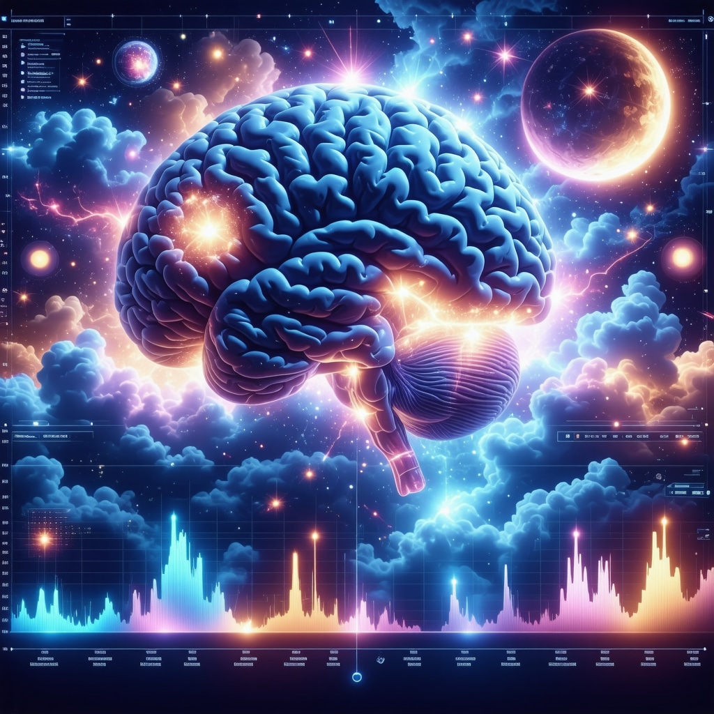 Futuristic digital interface showing brain activity and dream imagery related to joy and lucid dreaming