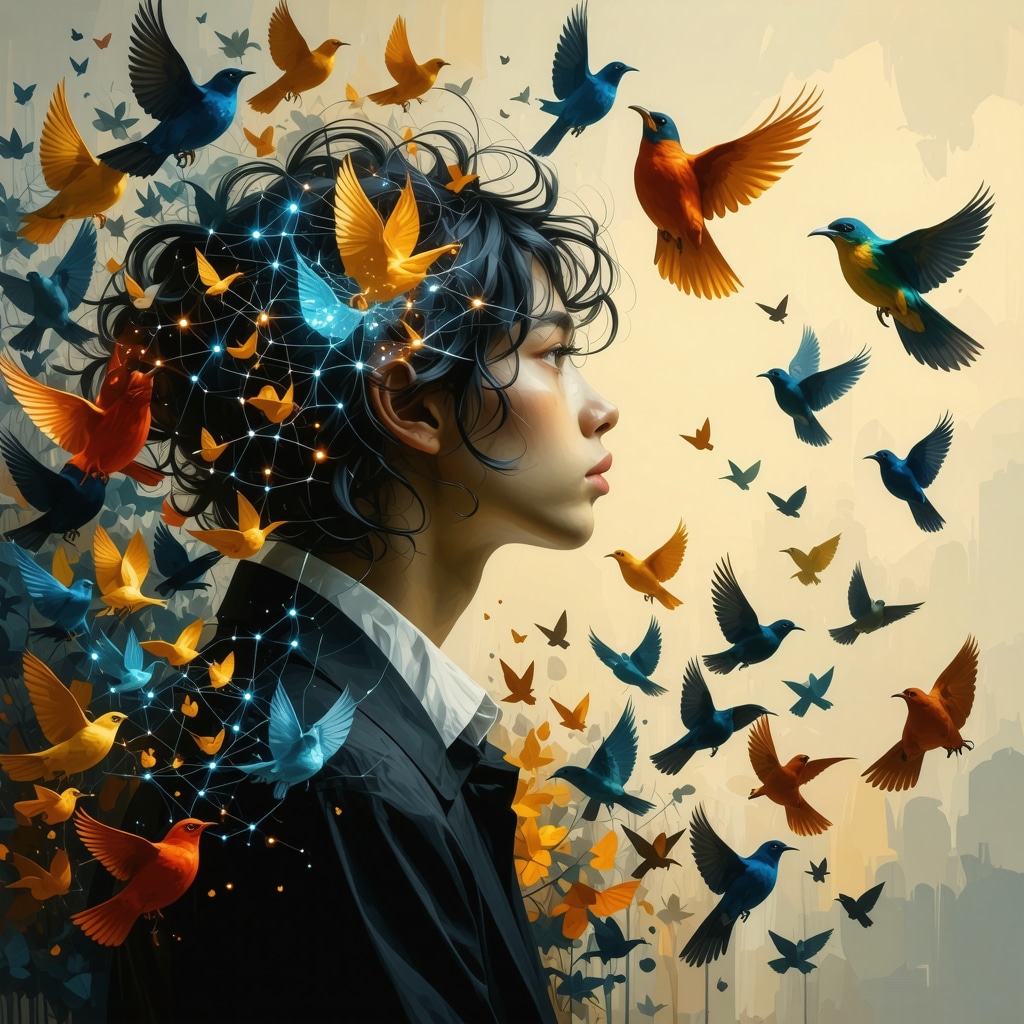 Illustration of a person dreaming with colorful birds and neural patterns symbolizing psychological and cultural dream analysis