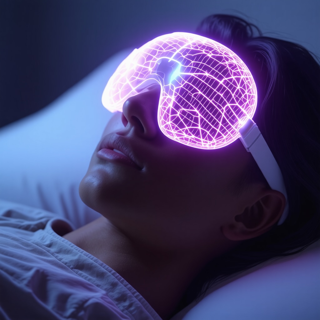 Futuristic EEG sleep mask showing neural activity patterns while person sleeps, representing lucid dream brainwave synchronization