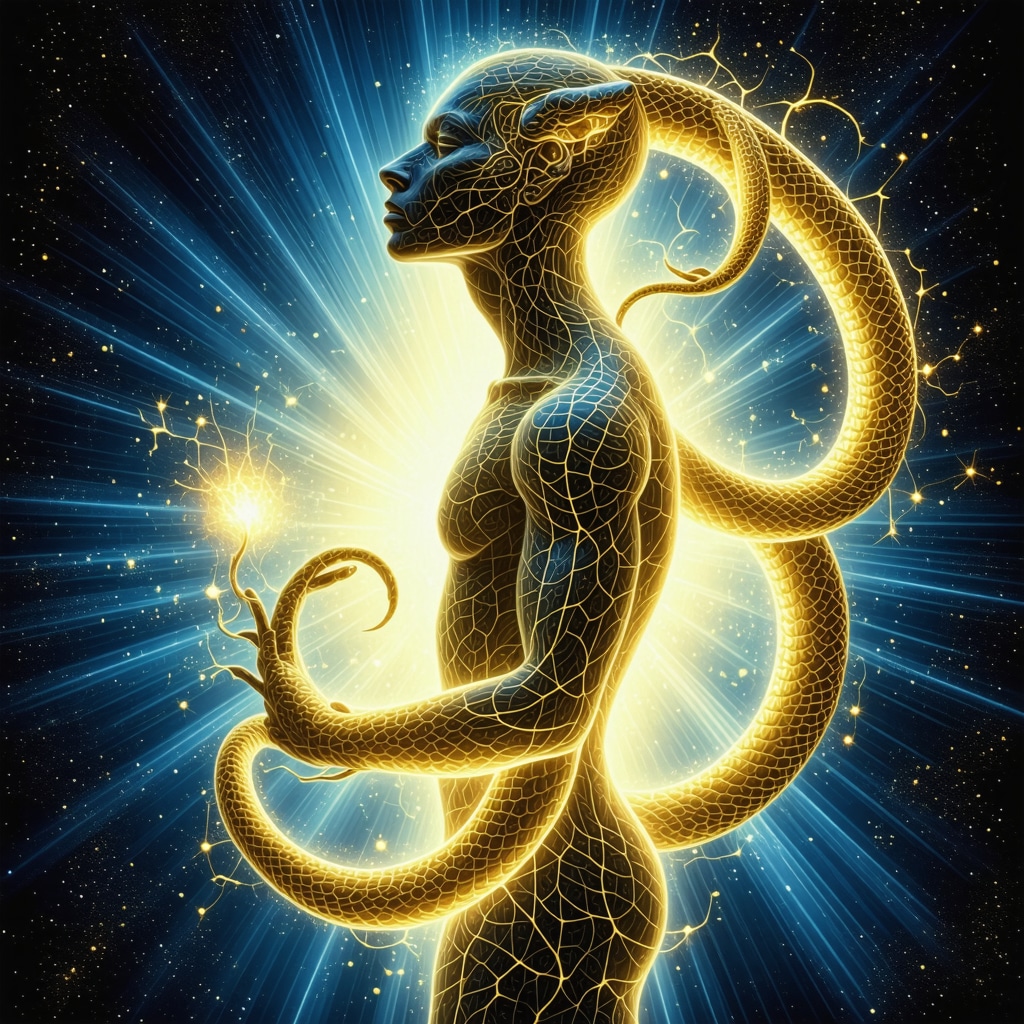 Illustration of a golden snake coiling around a human silhouette symbolizing kundalini and sexual energy