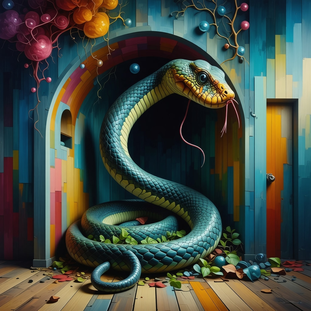 A colorful surreal image of a snake moving inside a house representing dream symbolism and emotional states