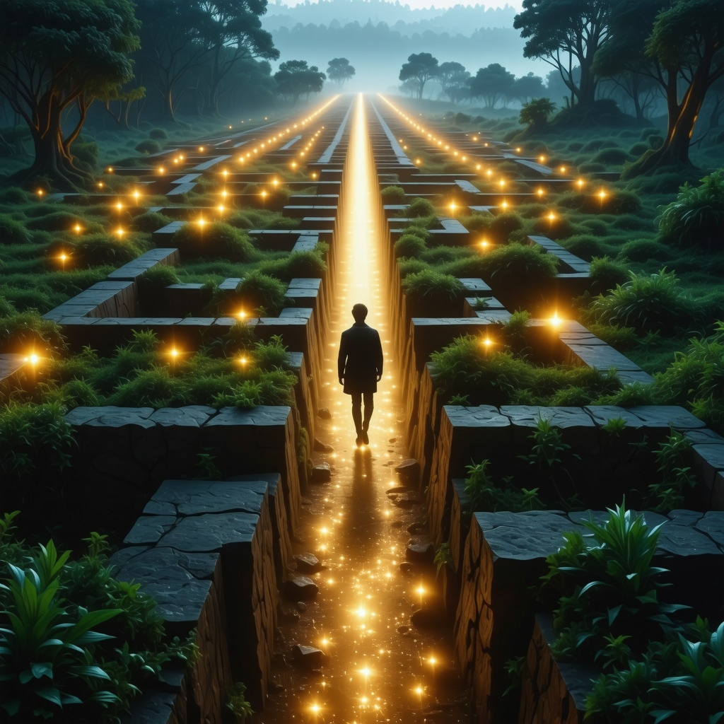 Person navigating a glowing labyrinth at night representing lucid dreaming and spiritual transformation