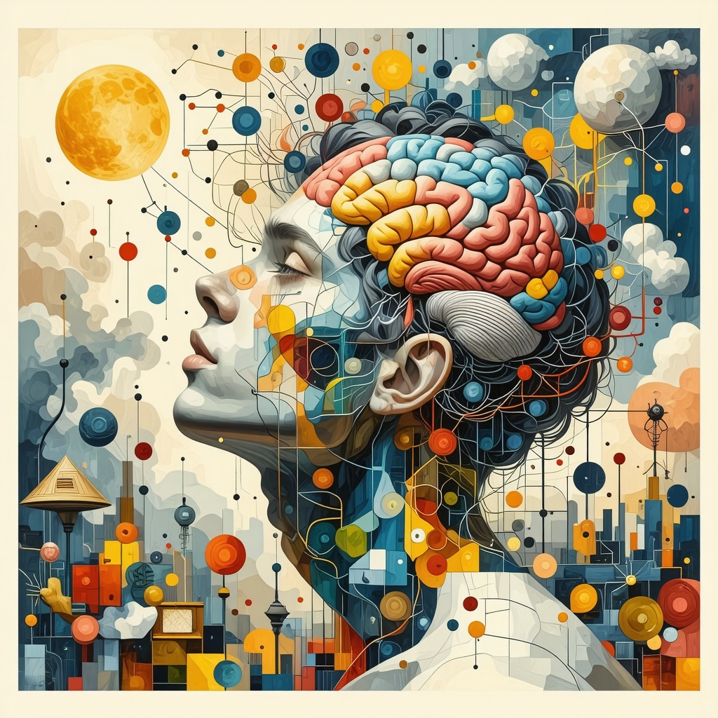 Artistic depiction of lucid dreaming with neural and success symbols for professional growth