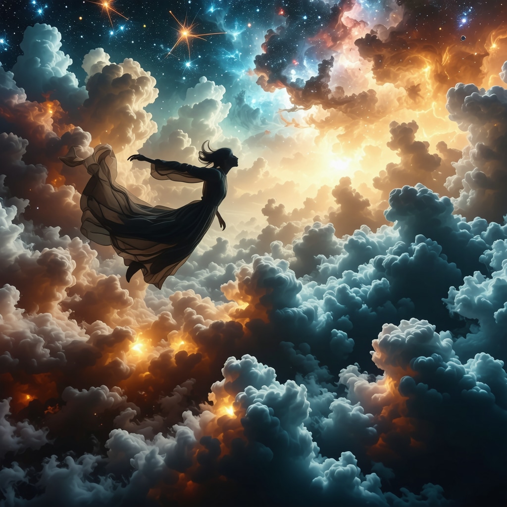 Surreal image showing a person flying lucidly over a landscape merging neurons and clouds to represent dreaming process
