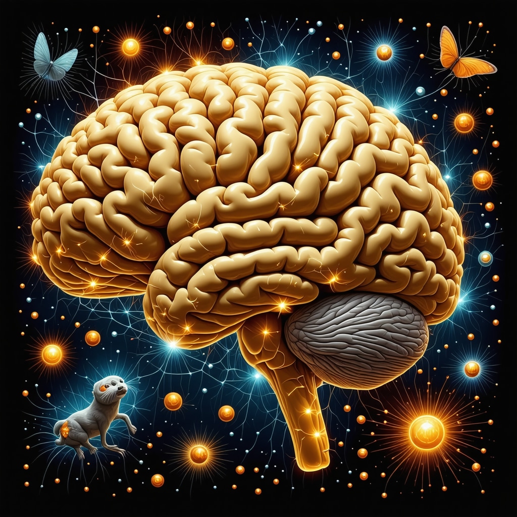 Artistic illustration of brain neural networks intertwined with symbolic animal bites and dream imagery