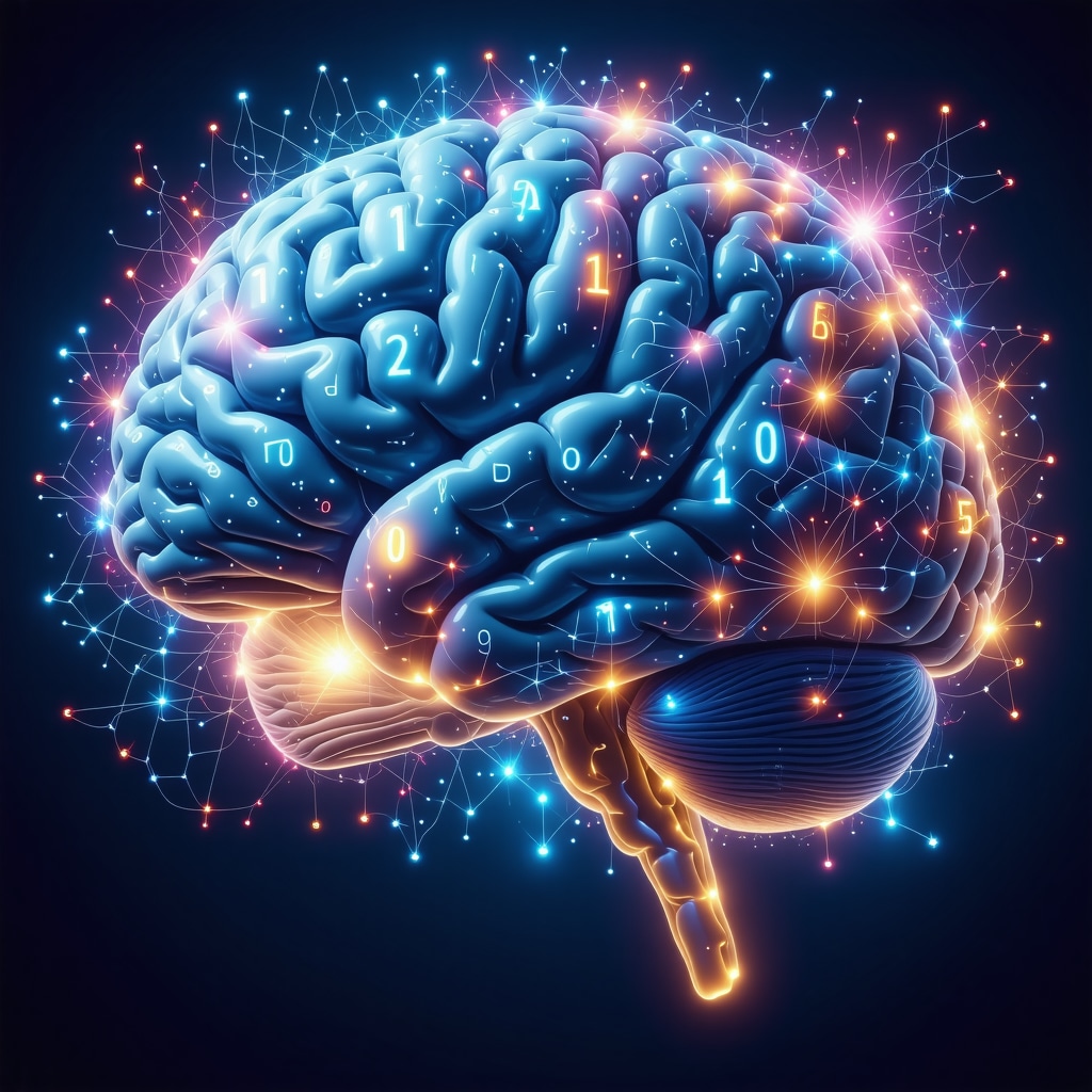 Illustration of brain neural pathways with colorful numbers representing dream and quantum consciousness interpretation