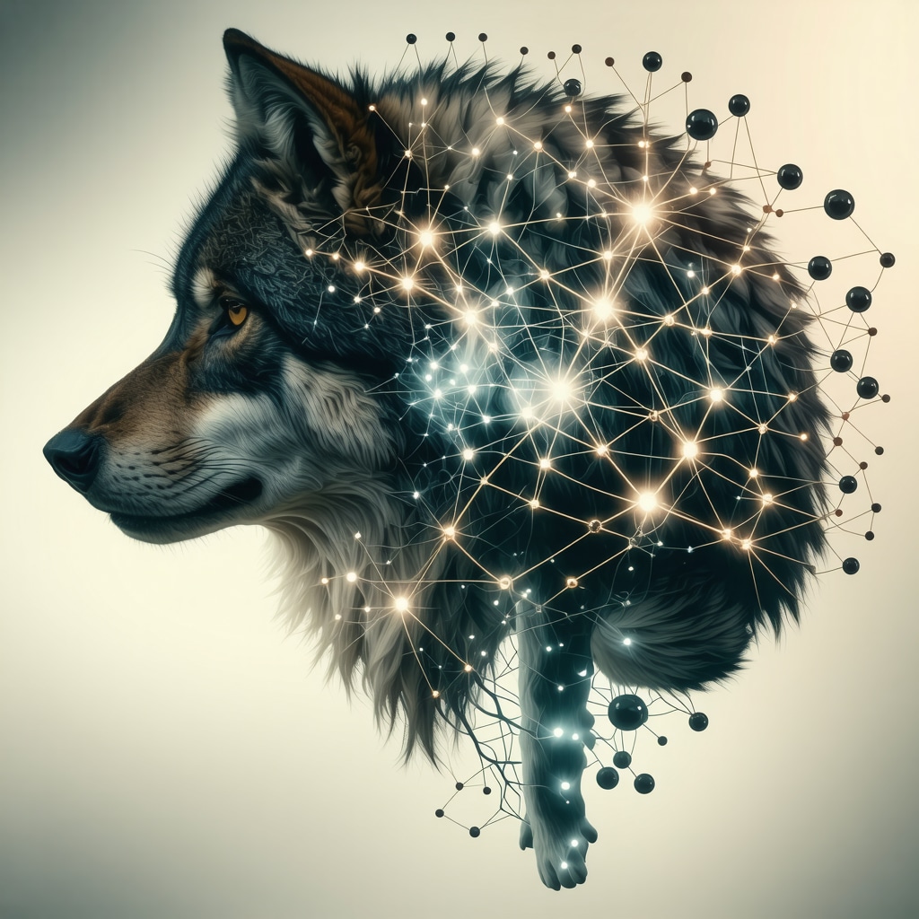 Illustration of brain neural networks with a wolf silhouette representing dream symbolism and emotional processing