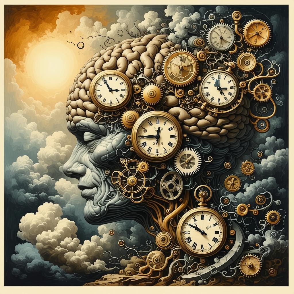 Illustration of brain with clock gears and flowing time symbolizing dreams about being late