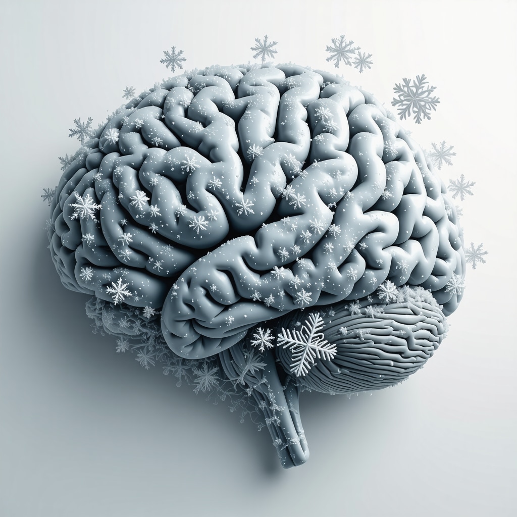 Illustration of brain regions activated during winter dreams with symbolic winter imagery
