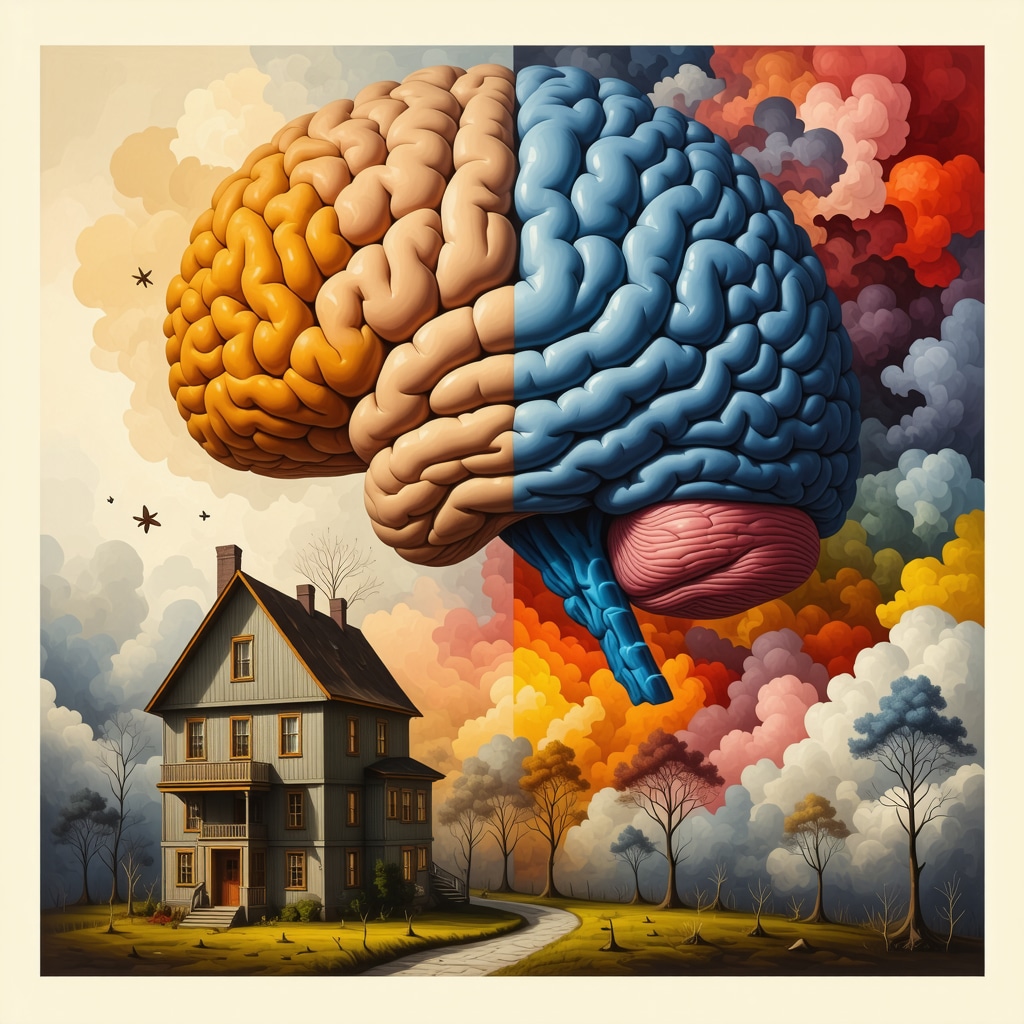 Illustration of brain areas hippocampus and amygdala with symbolic house elements representing dream processing
