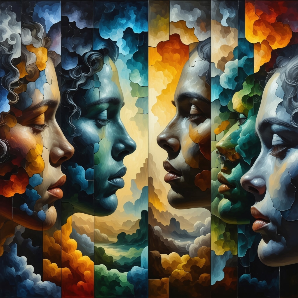 Surreal mirror reflecting fragmented human faces symbolizing psychological introspection