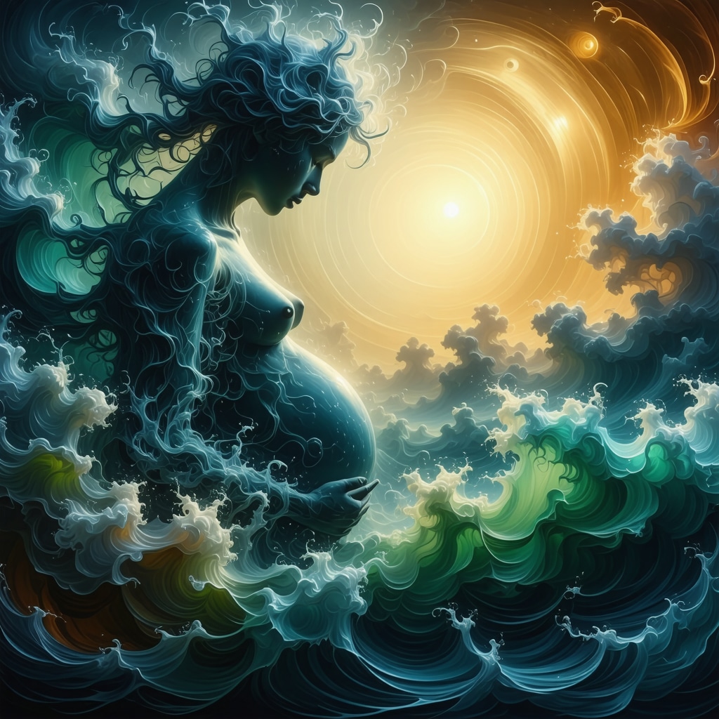 Artistic illustration of pregnancy dream symbols including water, light, and fetus