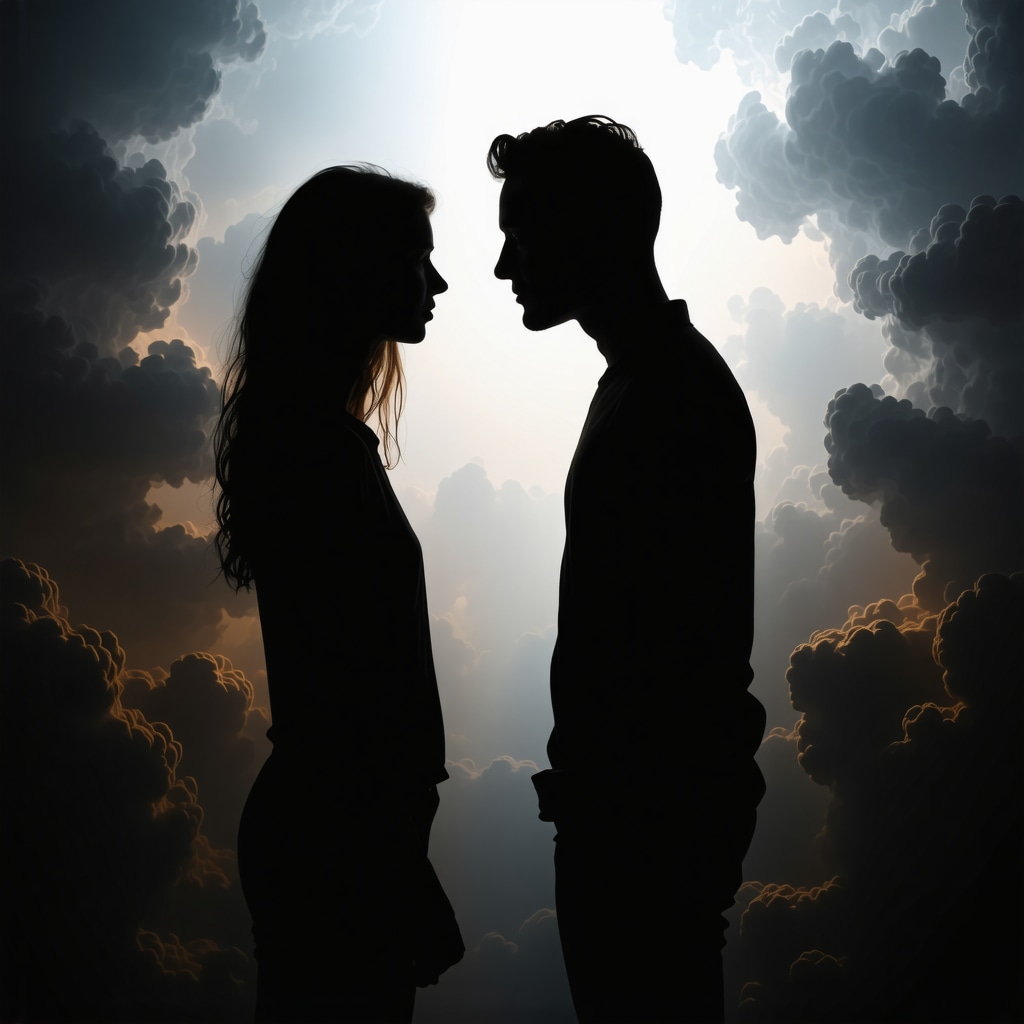 Person confronting shadowy figure representing ex-partner in a surreal dream environment