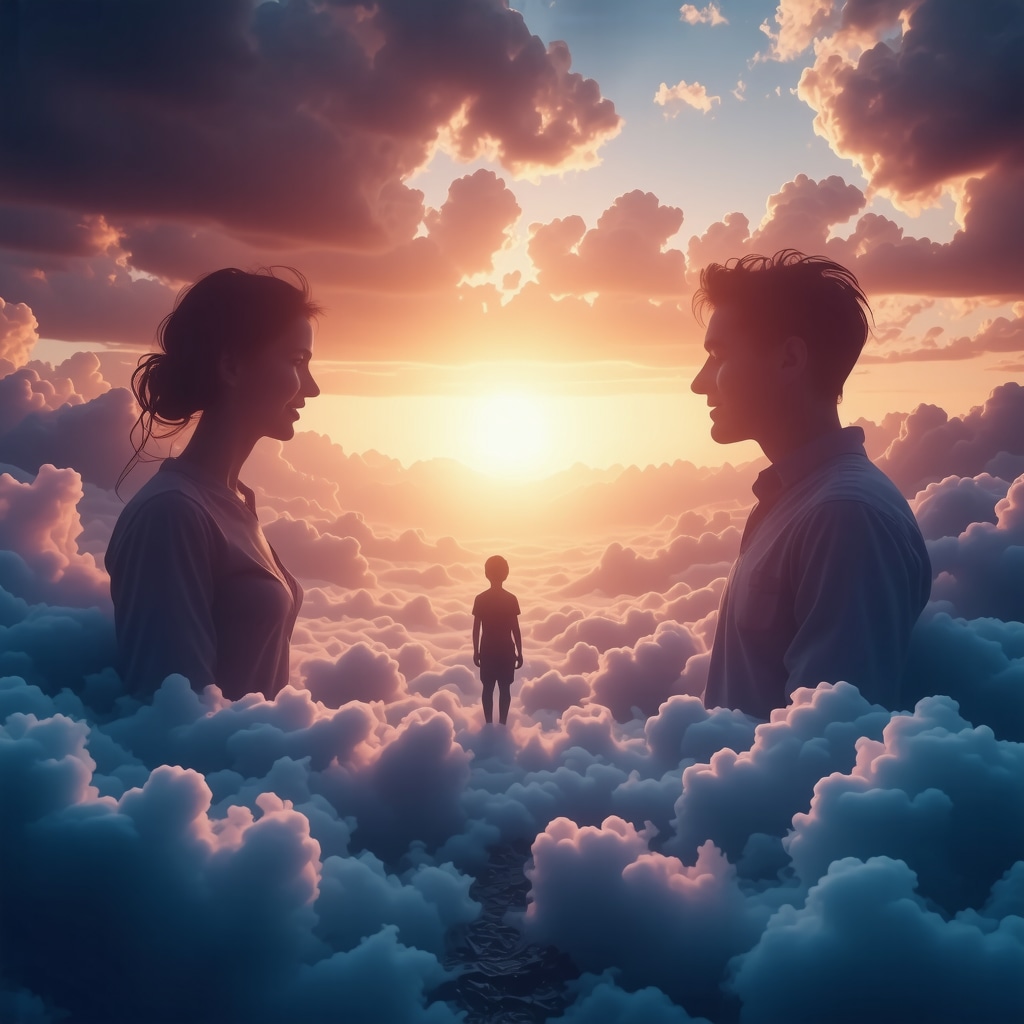 Dreamscape showing a person between fading parental figures and a bright horizon symbolizing new life
