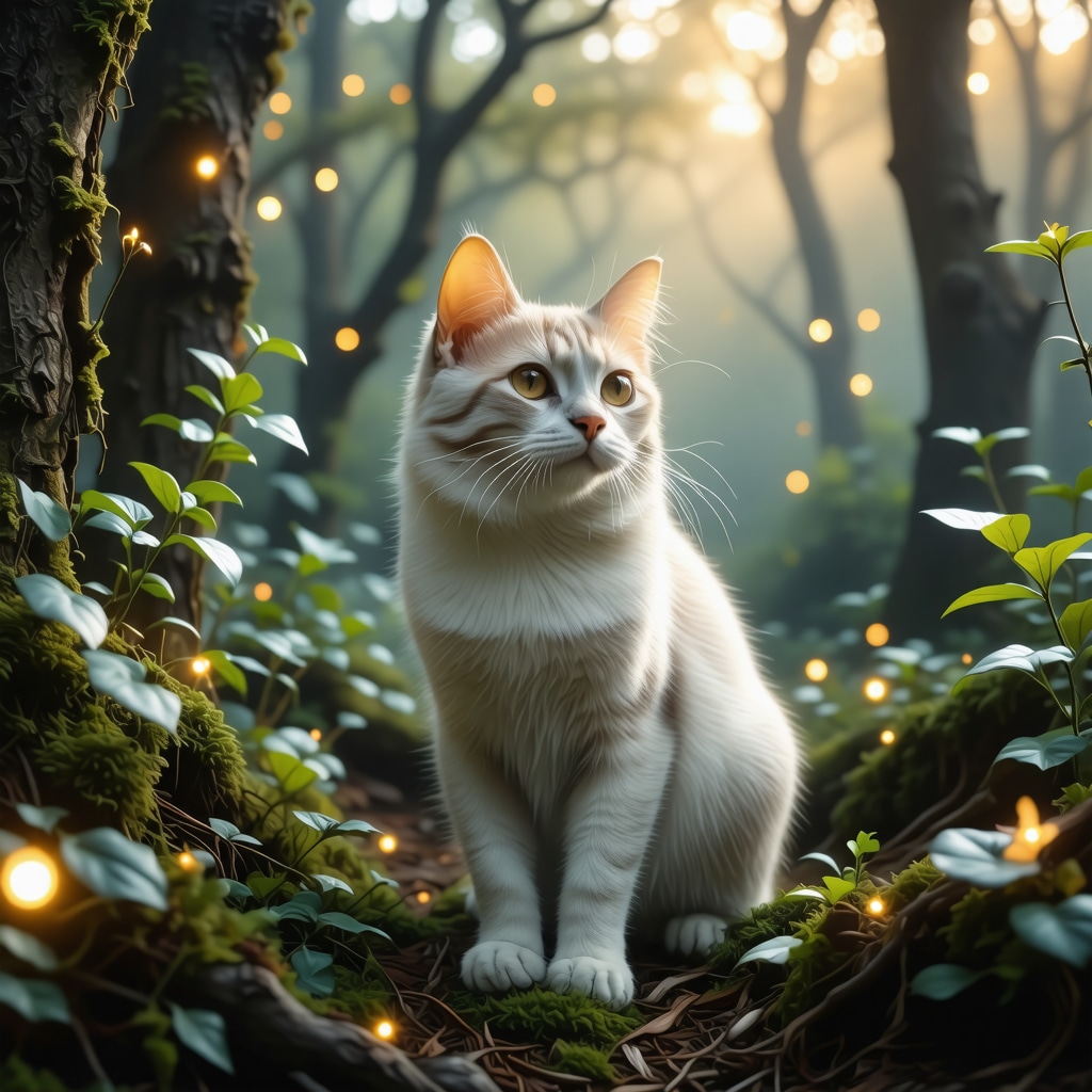 Ethereal white cat in mystical forest symbolizing dream interpretation and spiritual insight