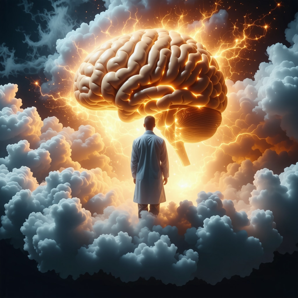 Artistic representation of a doctor in a dream combining brain and spiritual symbols