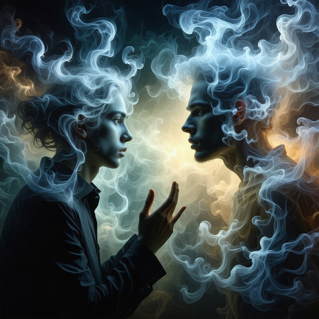 Surreal dreamscape showing symbolic interaction between person and ghostly ex-partner figure surrounded by abstract subconscious patterns