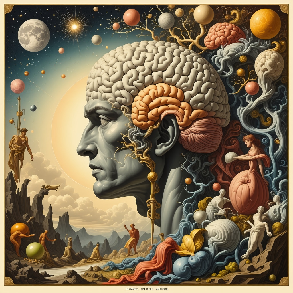 Illustration showing mythological figures and brain anatomy highlighting fear processing in dreams
