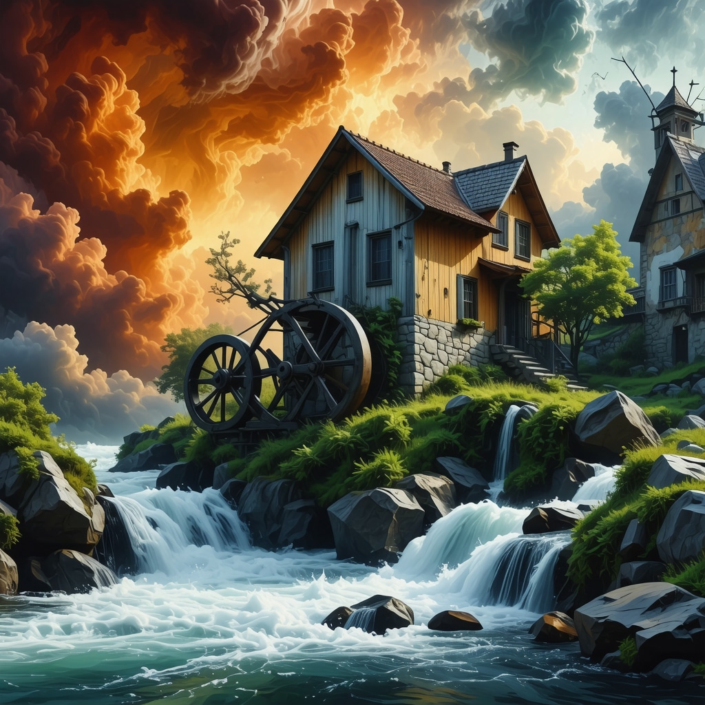 Illustration of a Balkan watermill with flowing water symbolizing dream and psychological transformation