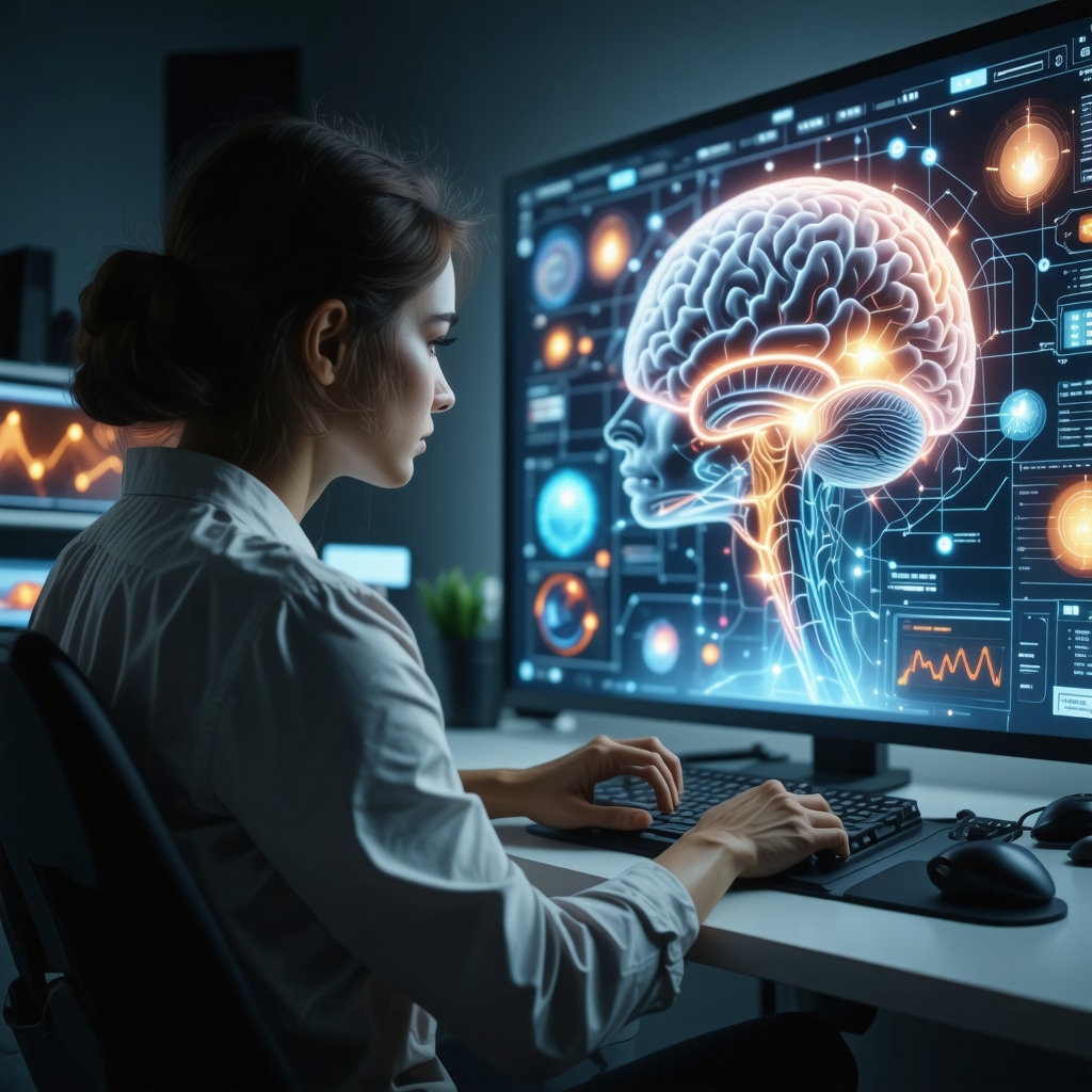 Patient undergoing neuropsychological therapy with AI-driven dream analysis focusing on escape dreams and neural activity visualization