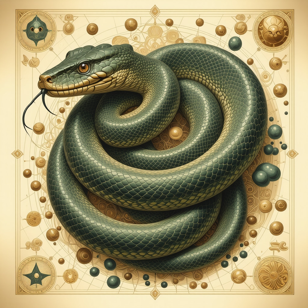 Illustration showing a snake wrapped around neural pathways and mythological icons symbolizing transformation