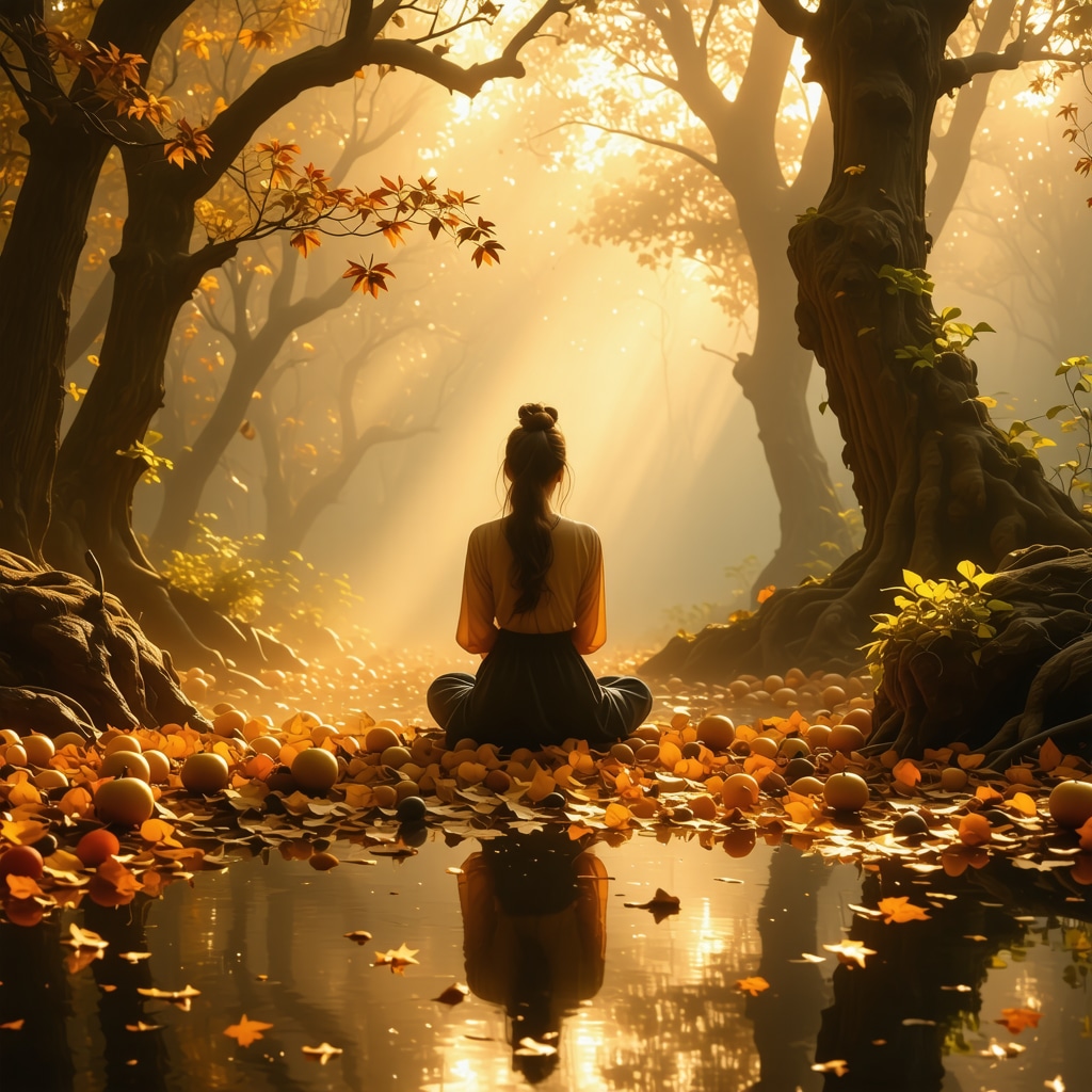 Dreamlike autumn scene with falling leaves, mist, fruits, and a meditating person symbolizing inner transformation