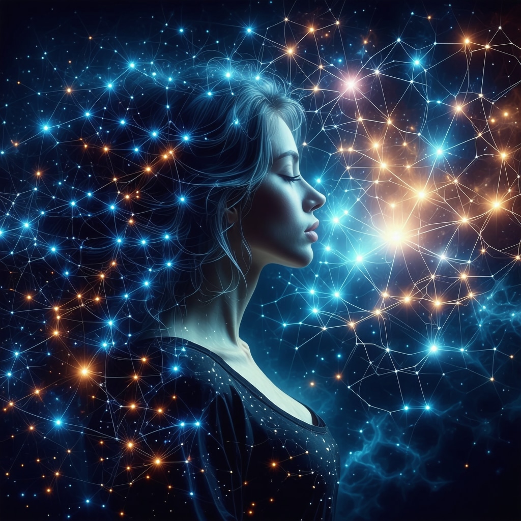 Woman dreaming of pregnancy with neural network background representing brain activity