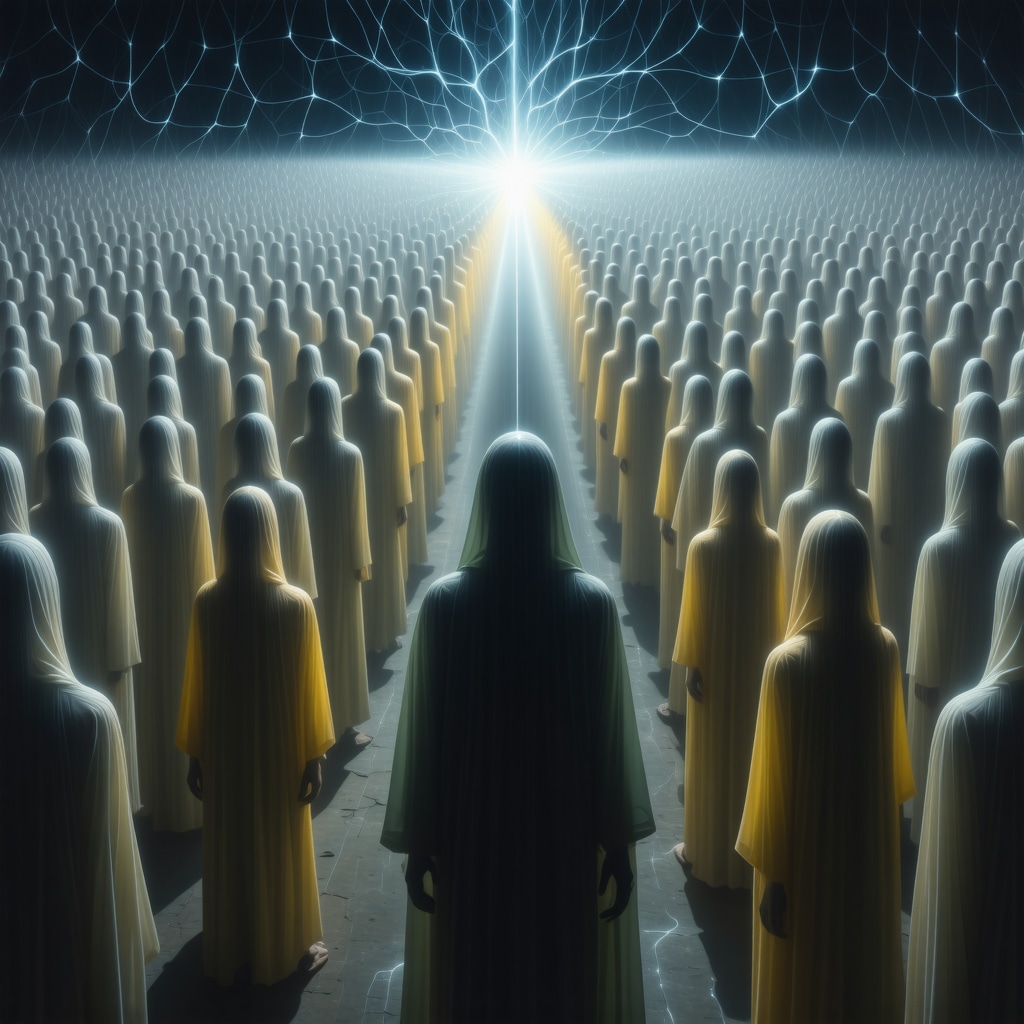 Surreal depiction of a person amidst a crowd of faceless figures with glowing neural connections representing brain activity in dreams