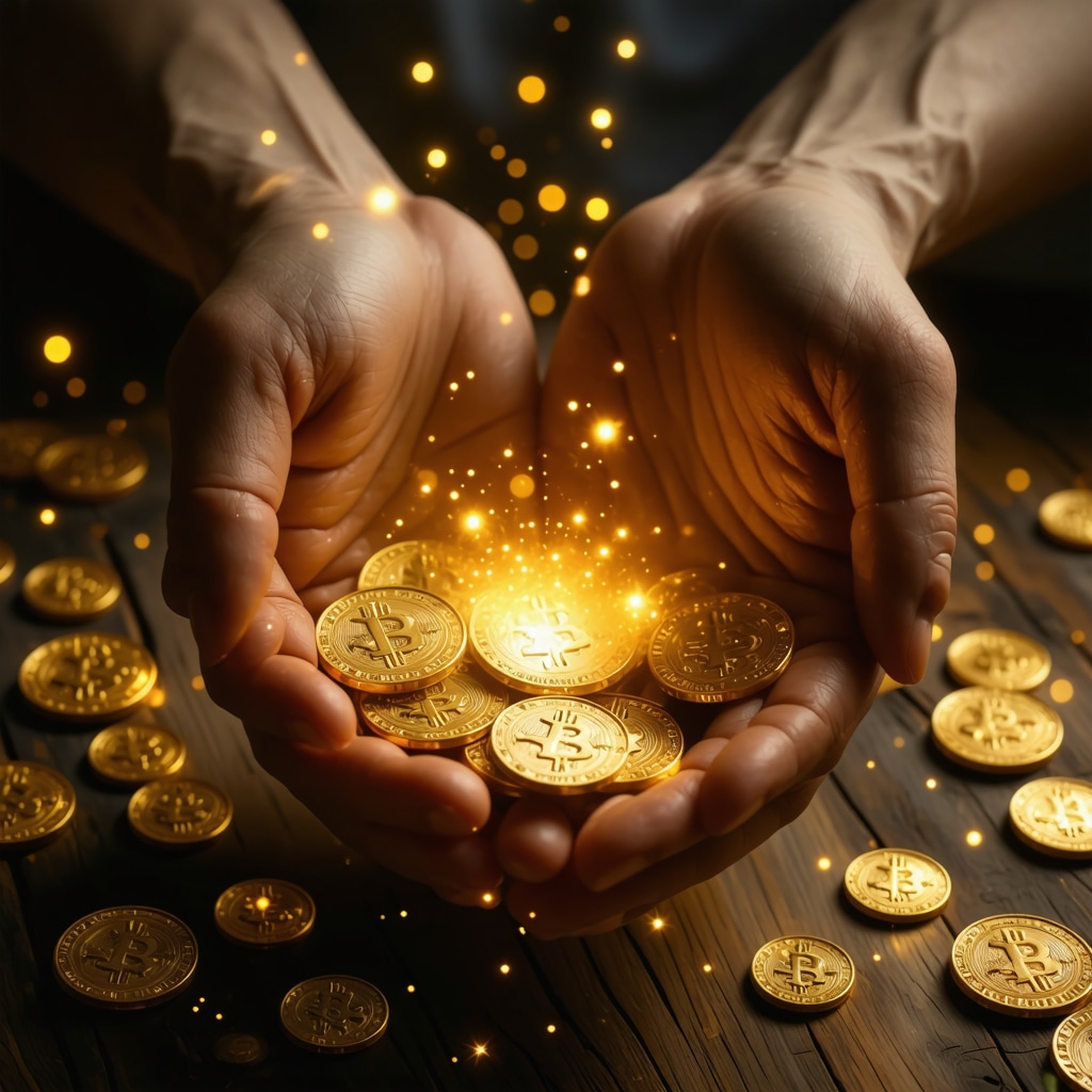 Hands gently holding glowing golden coins symbolizing dream meanings and personal energy