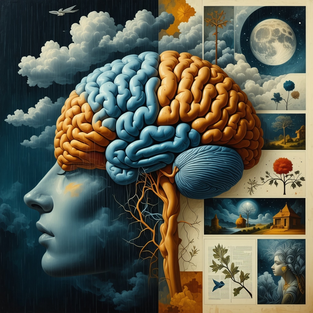 Collage depicting brain limbic system, cultural rain and winter symbols, and digital dream journal interface