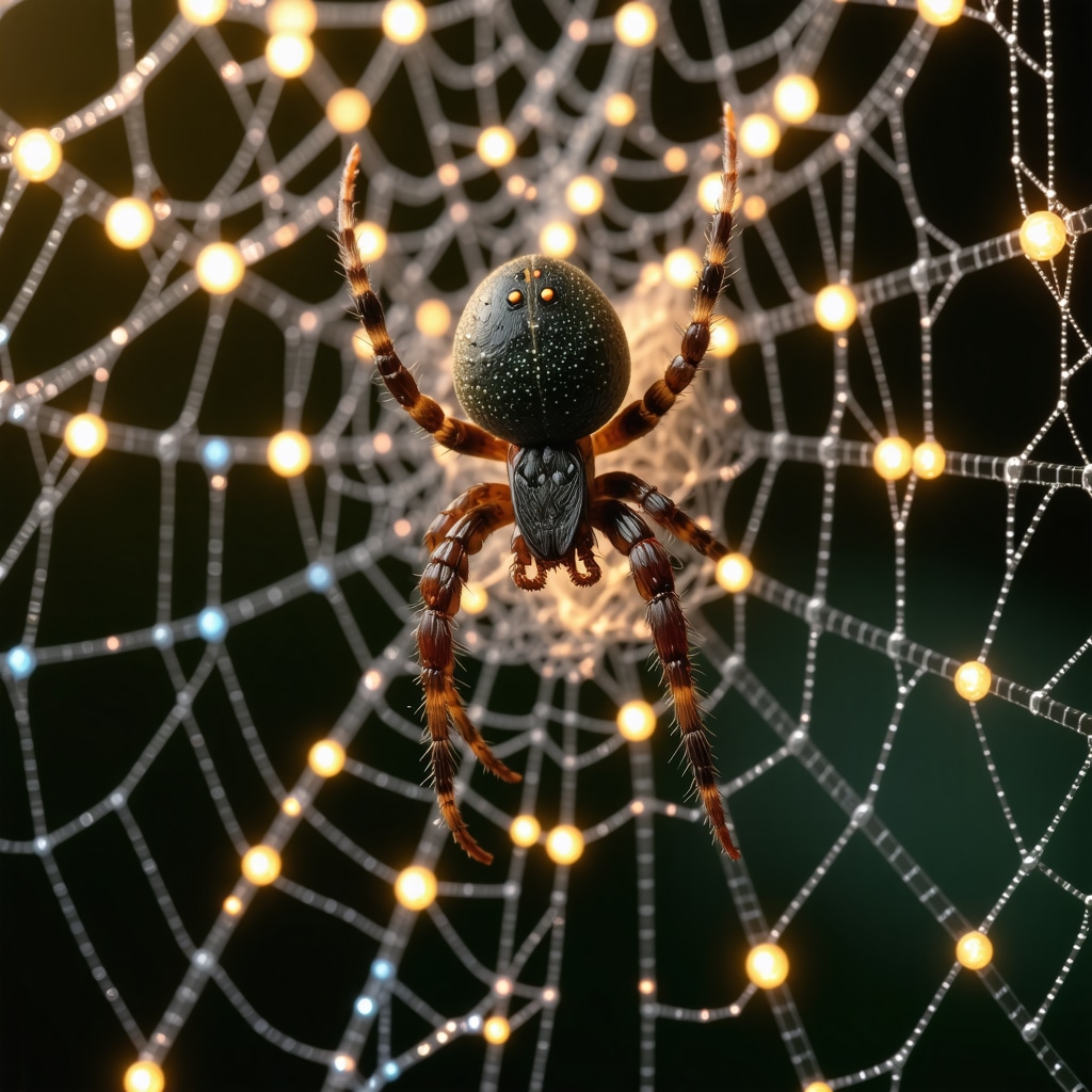 A detailed spider weaving an intricate glowing web symbolizing complex emotional and social connections
