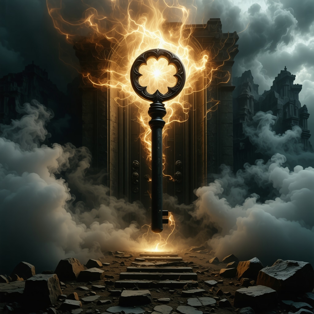Glowing ornate key floating above ancient doorway surrounded by mist and symbols representing inner unlocking and transformation