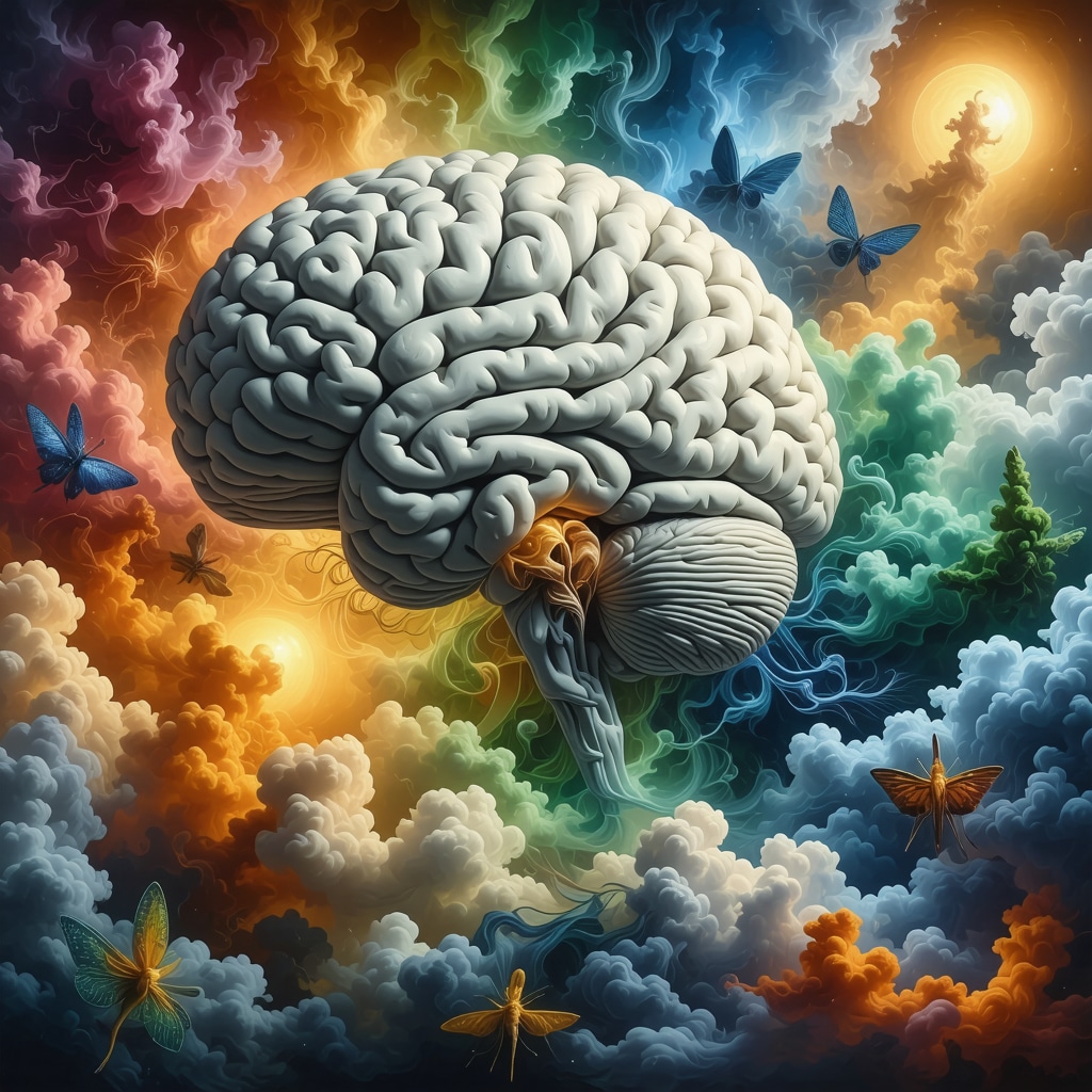 Brain scan showing activation of default mode network and prefrontal cortex during dreaming with symbolic overlays