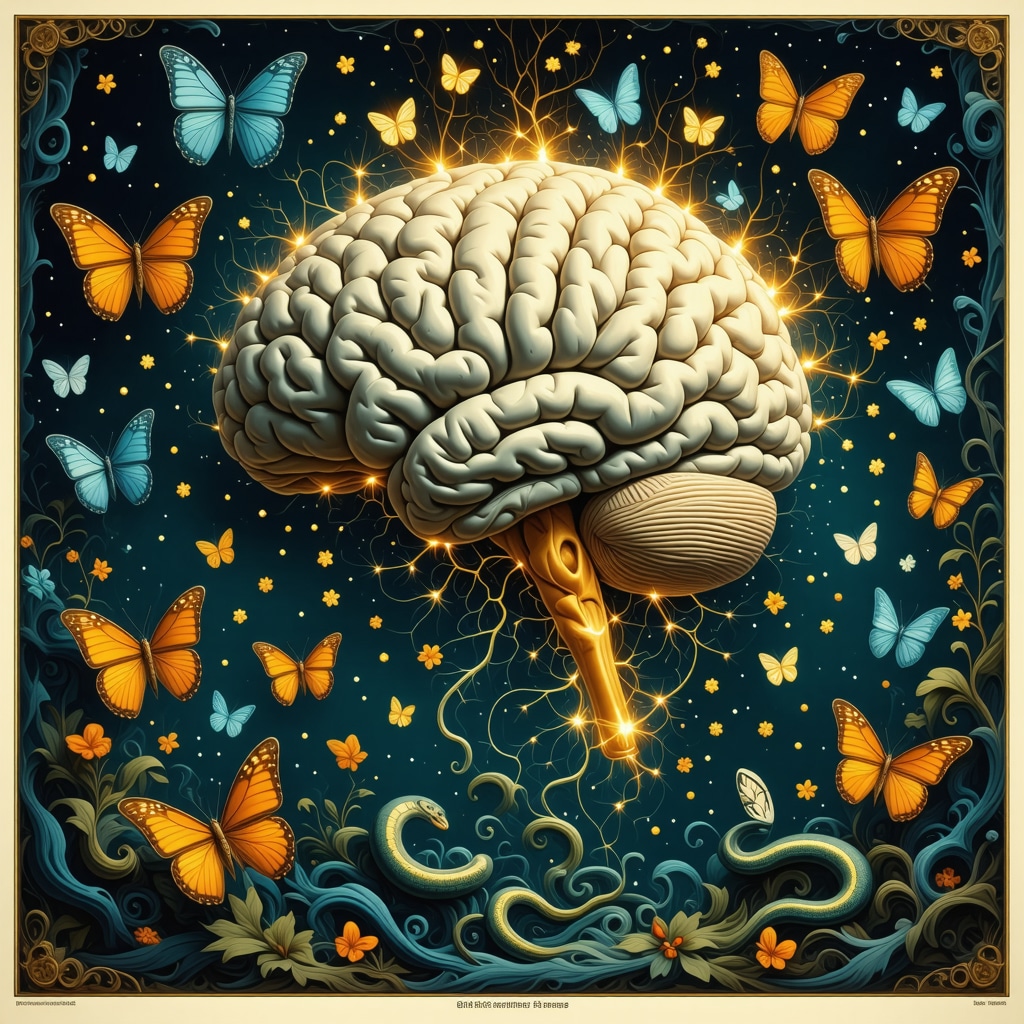 Illustration of brain neural networks active in REM sleep with transformation symbols like butterfly and snake