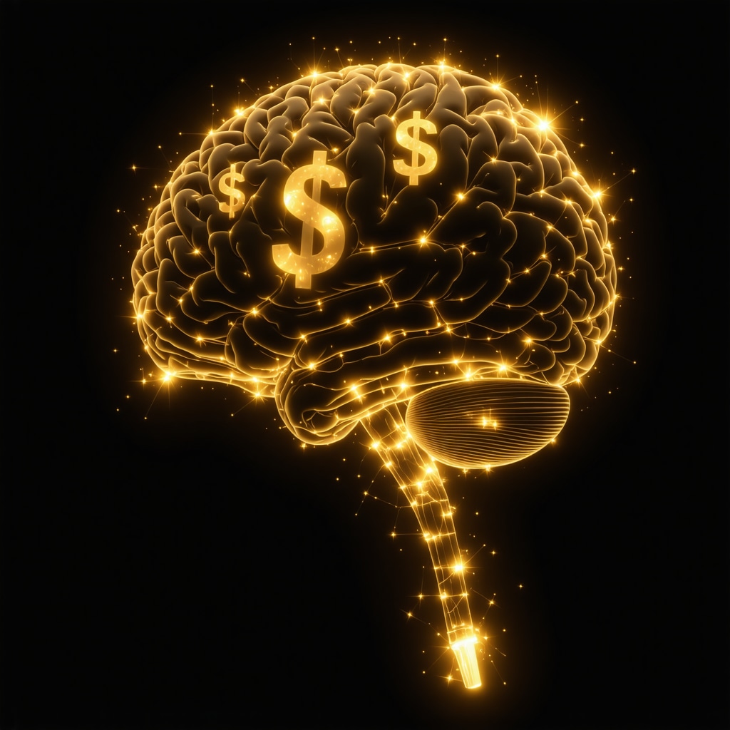 Abstract brain illustration with money symbols and neural connections, representing neuroscience insights into dreams about money