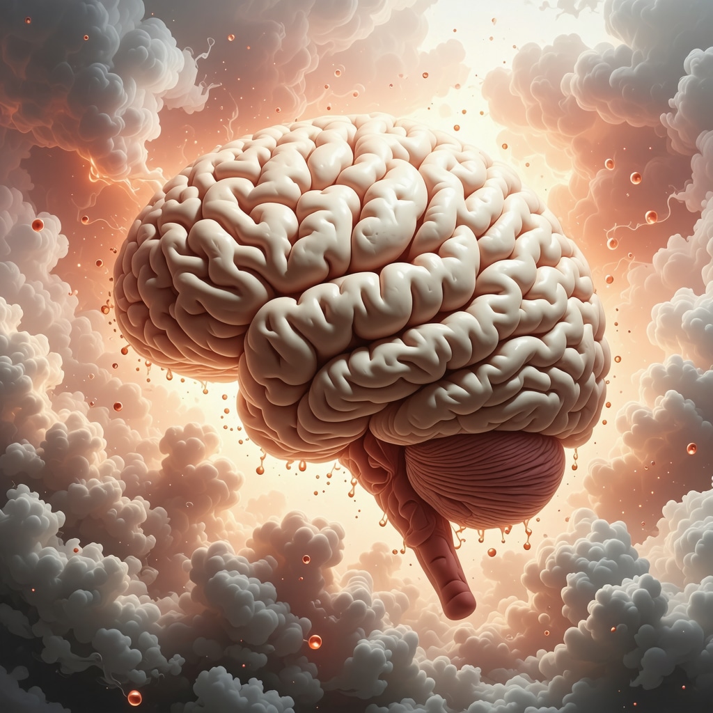 Illustration of human brain with highlighted amygdala and hippocampus surrounded by symbolic blood droplets and dreamy clouds