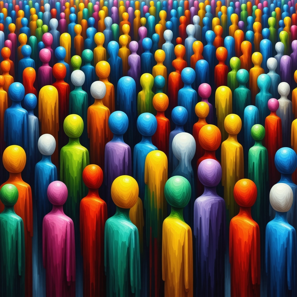 Abstract dream image showing a dense crowd blending into faces and shapes representing subconscious conflicts