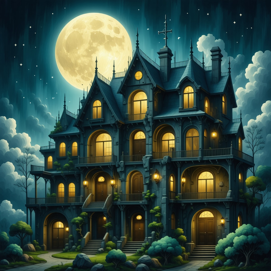 Illustration of a dream house with mixed architectural styles representing subconscious mind