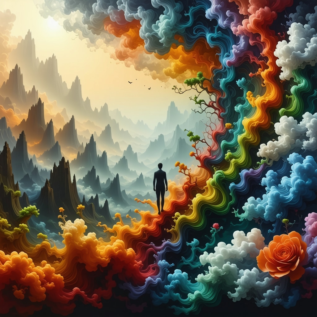 Person falling through colorful symbolic layers representing emotions and subconscious mind