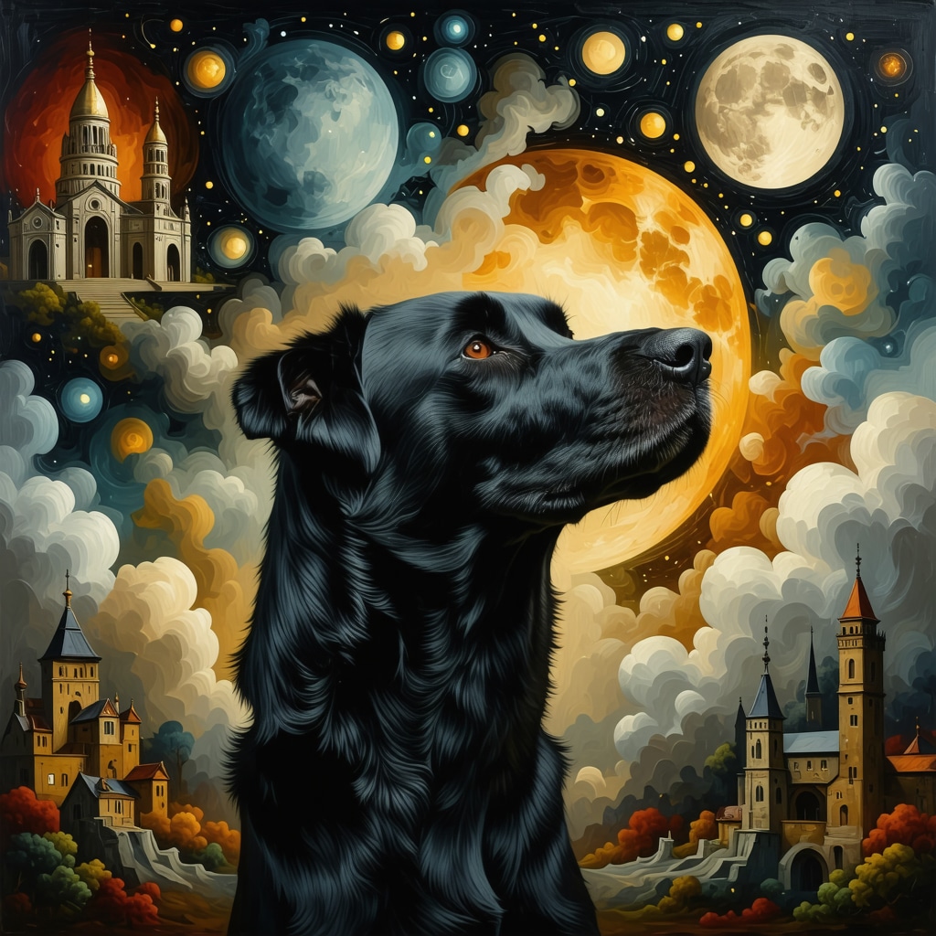 Illustration of a black dog symbolizing the bridge between conscious and unconscious mind in a dreamlike setting