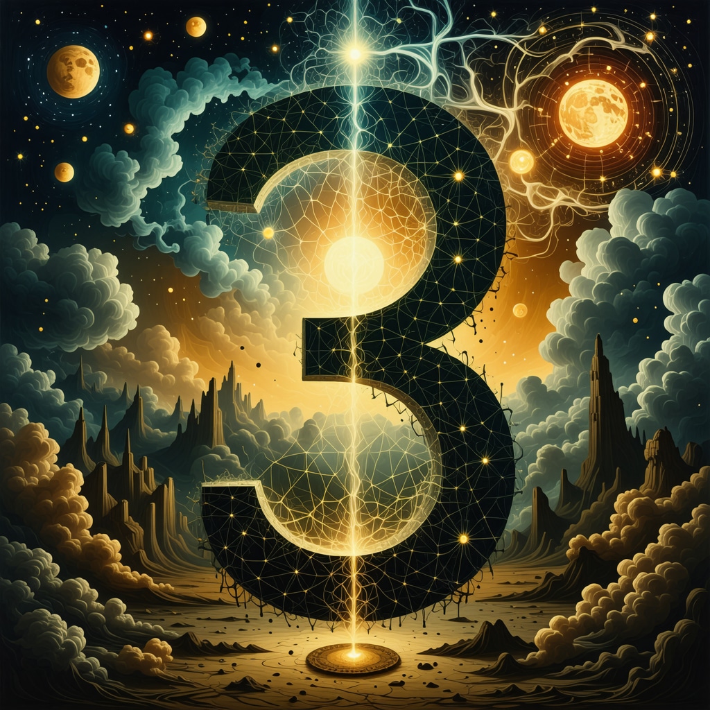 Artistic image showing number 3 as a mystical gateway connecting dream symbols and brain neural networks