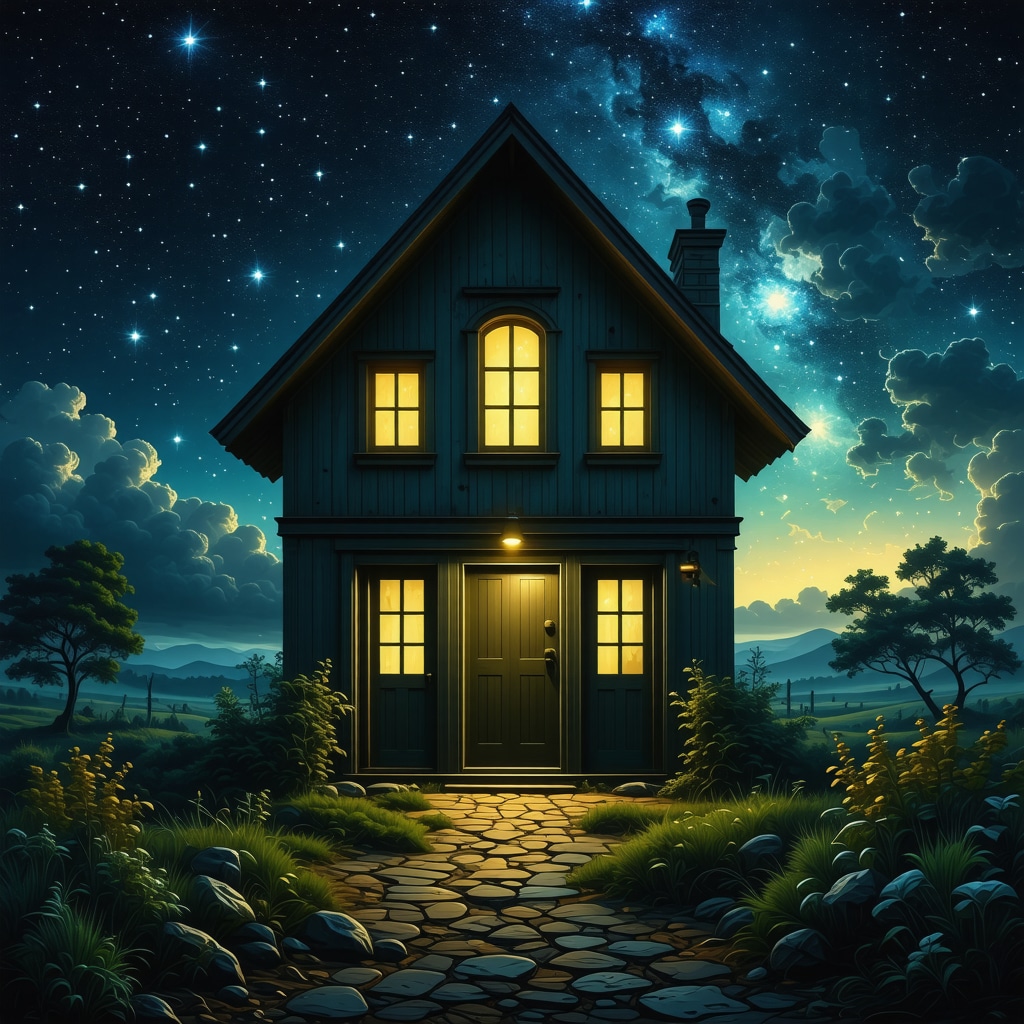 Empty house dream symbol glowing under stars representing psychological transformation