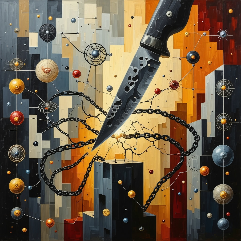 Artistic image of a knife cutting chains with neuropsychological and therapeutic symbols representing transformation