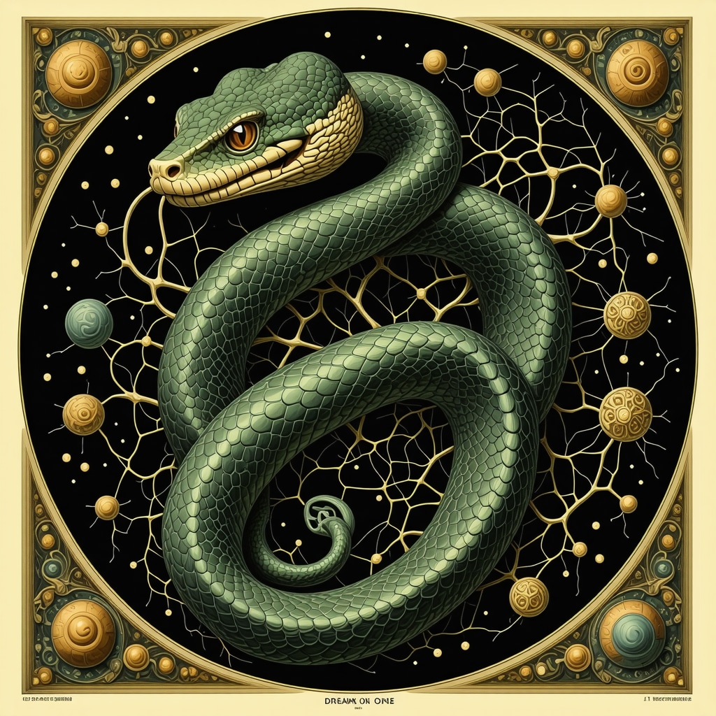 Illustration showing a snake intertwined with brain neural pathways and emotional centers representing dream symbolism and neuroscience