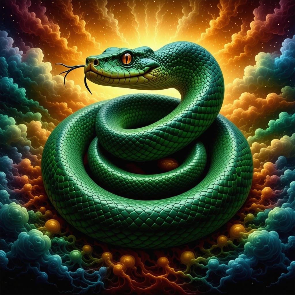 A detailed digital artwork of a snake symbol intertwined with human thoughts, representing complex dream symbolism