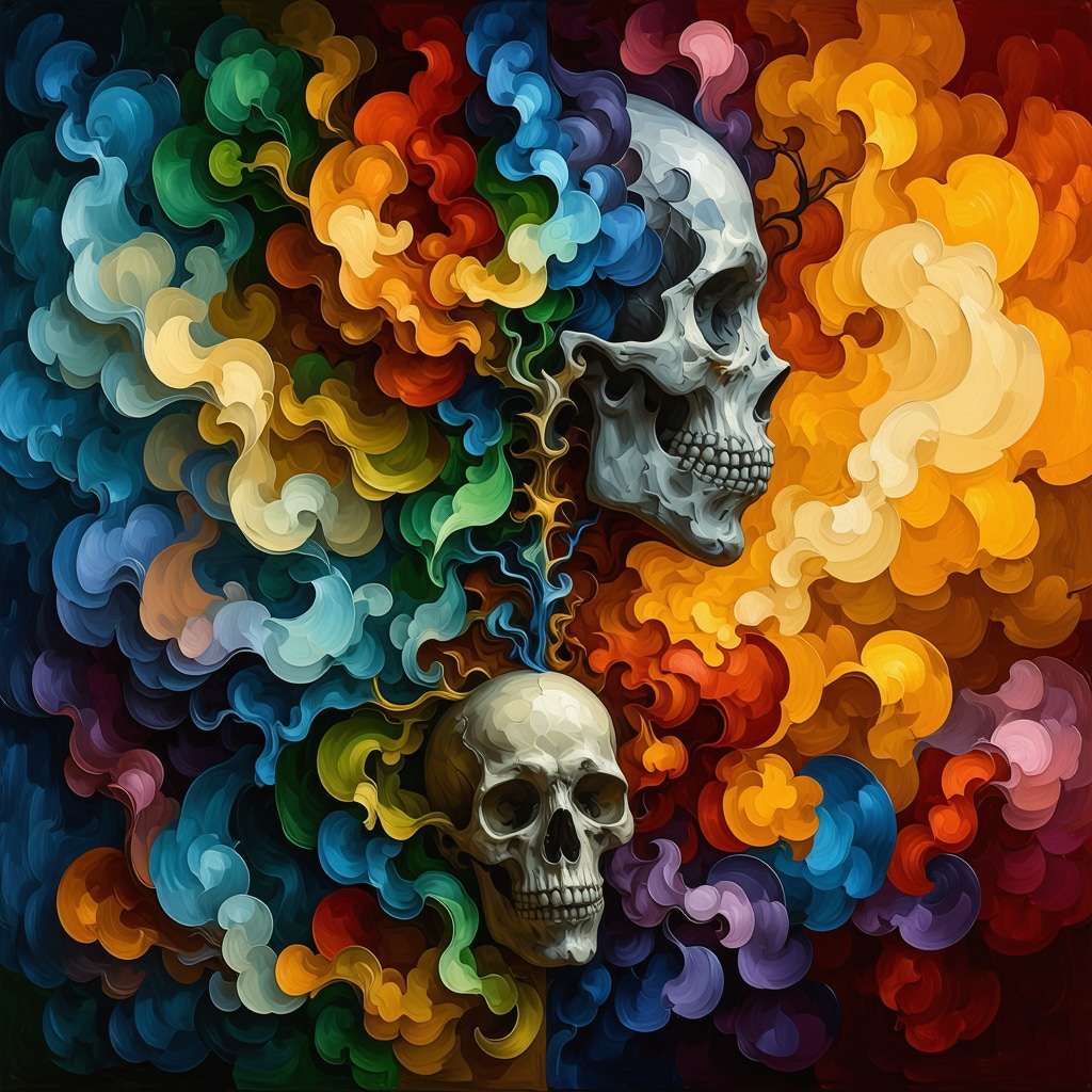 Abstract art representing death and rebirth motifs in dreams, surreal style, vibrant colors